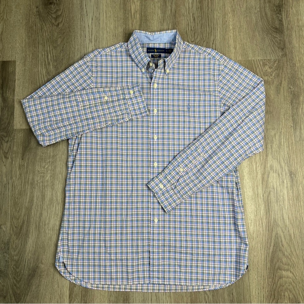 Ralph Lauren Button Up Shirt Cotton Stretch Blue White Checkered Pony Men’s L - Picture 2 of 8